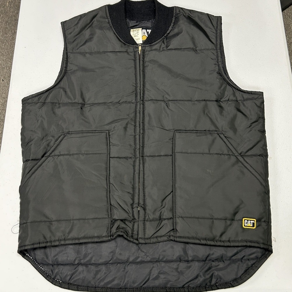 CAT Quilted Puffer Vest Mens Large Black Workwear Utility Zip Up Made in USA